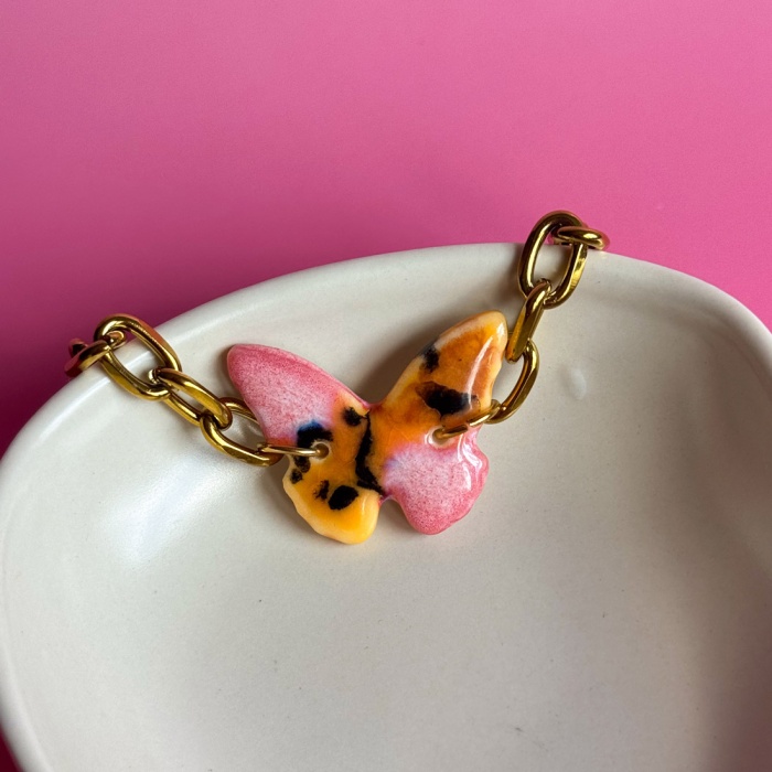 Papaya + malinka - Bransoletka porcelanowa
