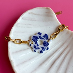 Kobaltowe kwiaty - bransoletka porcelanowa - Porcelka bloomen